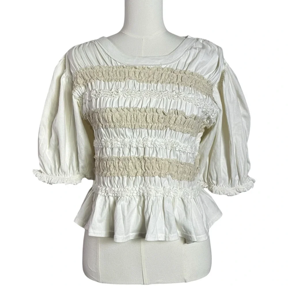 Free People Bohemian Cottage Ruched Maxey Knit Top in Ivory XL NWT Puff Sleeves